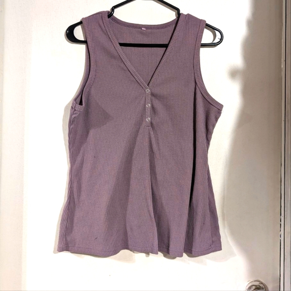 Ribbed Button Sleeveless V Neck Tank Top XL